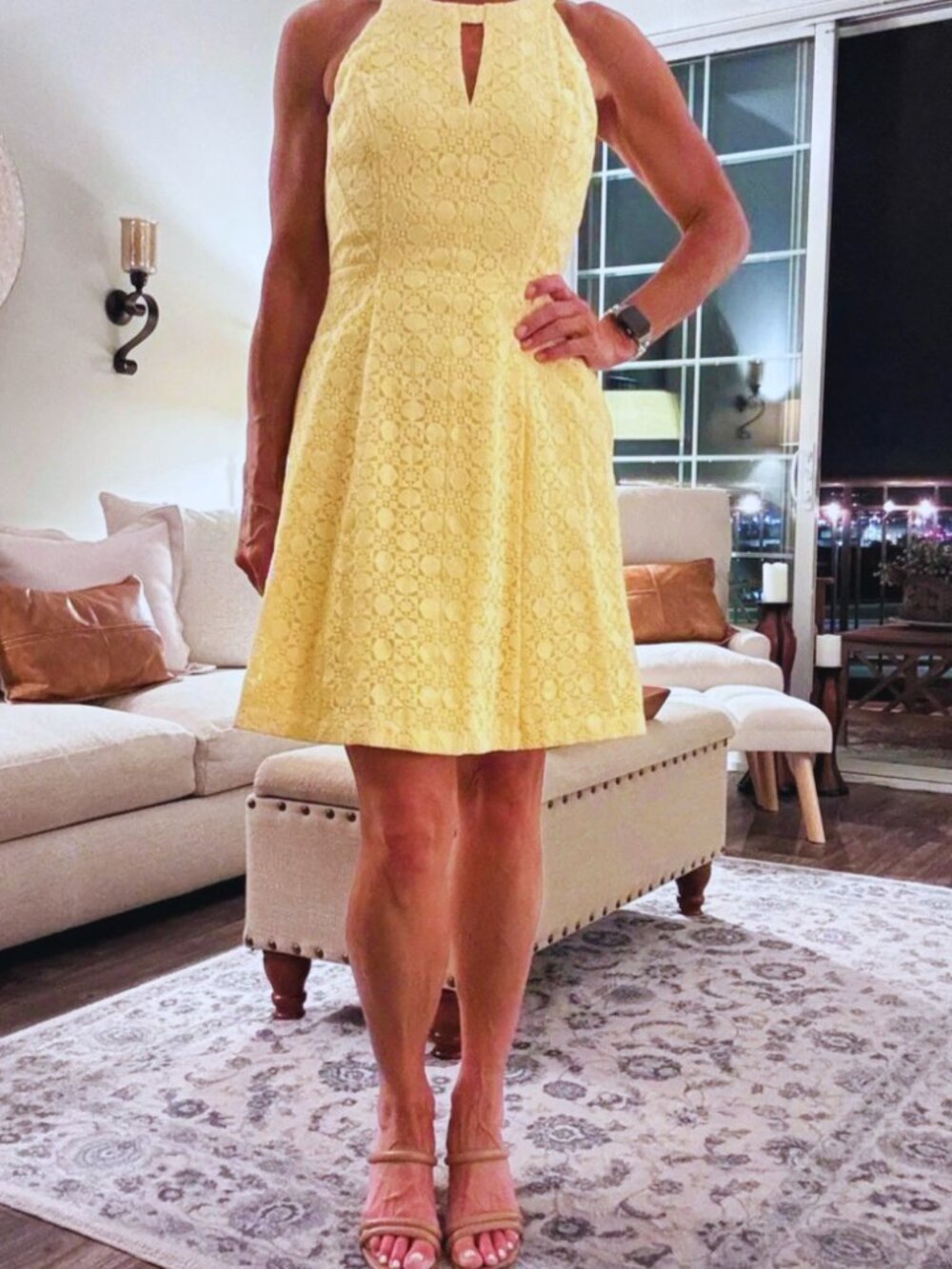 White House Black Market Yellow Lace Fit-and-Flare Halter Dress